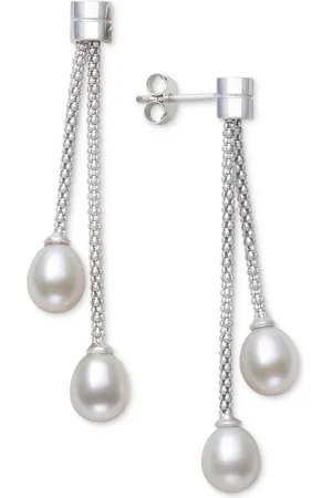 Belle De Mer Cultured Freshwater Pearl (7-8mm) Chain Drop Earrings in Sterling Silver