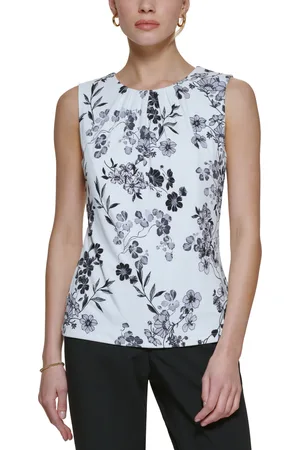 Calvin Klein Printed Pleat-Neck Blouse, Regular and Petite Sizes - Black/Cream Multi