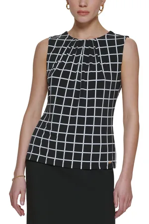 Calvin Klein Printed Pleat-Neck Blouse, Regular and Petite Sizes - Black/Cream