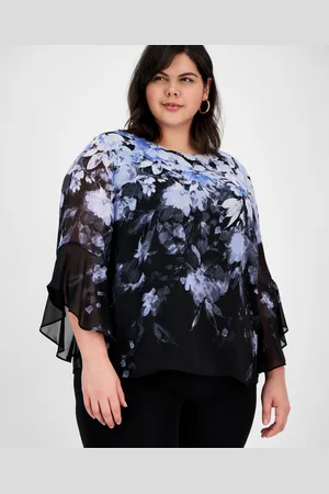 Kasper Plus Size Cascading Floral Ruffle-Sleeve Blouse