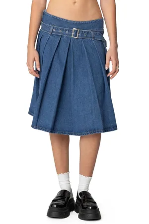 Edikted Womens Belted Pleated Denim Midi Skirt