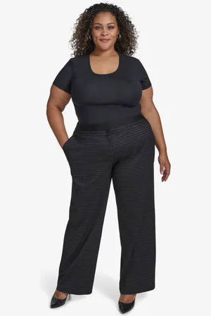 DKNY Plus Size Patterned Pleated-Waistband Pants - Black/ Icy Chip Grey Combo Black