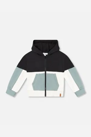 Deux par Deux Big Boys French Terry Color Block Full Zip Hoodie Cardigan Sweatshirt Black, Teal And Shimmer - Black, teal and shimmer