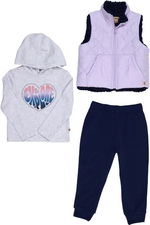 Bearpaw Toddler Girls 3 Piece Reversible Vest Hooded Top and Jogger Outfit Set