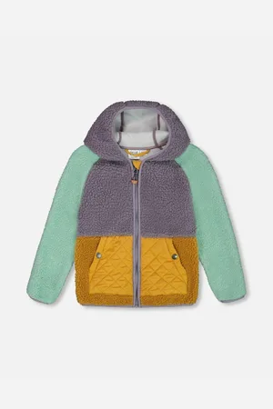 Deux par Deux Big Girls Sherpa Mid-Season Colorblock Jacket Lilac, Pale Turquoise, And Yellow - Lilac, pale turquoise, and yellow