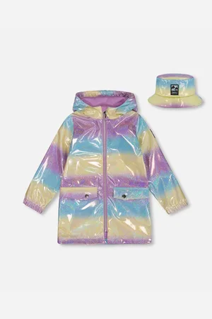 Deux par Deux Big Girls Printed Rain Coat With Hat Mauve Blue And Yellow Glitter Gradient - Mauve, blue, and yellow glitter