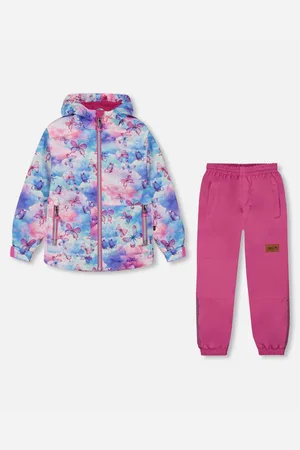 Deux par Deux Big Girls Printed Jacket Two-Piece Mid-Season Outerwear Set Vibrant Pink Background - Butterflies on mul