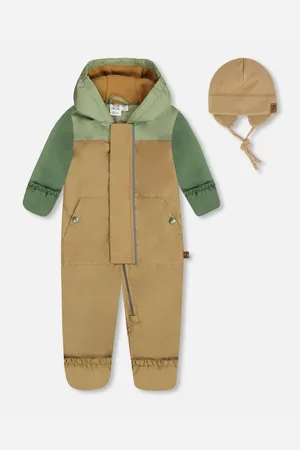 Deux par Deux Baby Boys Colorblock Mid-Season One-Piece Outerwear With Hat Pale Green, Sage, And Tan - Pale green, sage, and tan