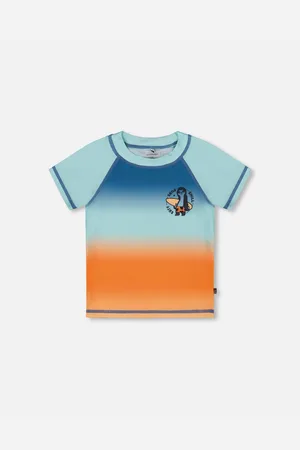 Deux par Deux Boys Short Sleeve Rashguard Navy Blue, Turquoise, And Orange - Navy blue, turquoise, and orange