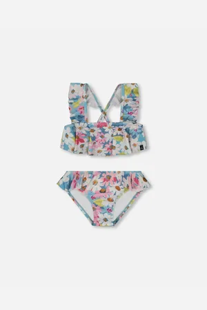 Deux par Deux Girls Printed Two-Piece Swimsuit With Frills White, Pink, And Green Flowers - White, pink, and green flowers