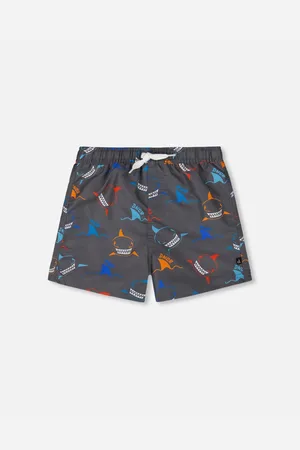 Deux par Deux Boys Printed Boardshorts Orange, Red, And Blue Sharks On Gray - Orange, red, and blue sharks on
