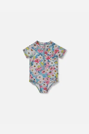 Deux par Deux Girls Printed Short Sleeve One-Piece Swimsuit With Frills White, Pink, And Green Flowers - White, pink, and green flowers