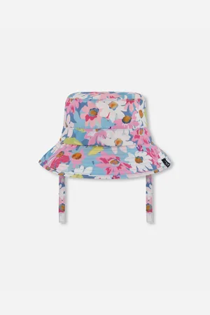 Deux par Deux Toddler Printed Beach Sun Hat White, Pink, And Green Flowers - White, pink, and green flowers