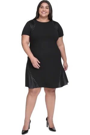 DKNY Plus Size Studded Mixed-Media Short-Sleeve Dress