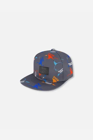Deux par Deux Baby Boys Printed Cap Orange, Red, And Blue Sharks On Gray - Orange, red, and blue sharks on