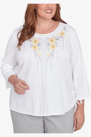 Alfred Dunner Plus Size Dress Code Linear Knit Floral Embroidered Crew Neck Top