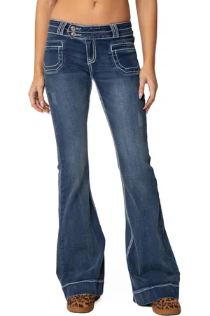 Edikted Womens Contrast Stitch Low Rise Flared Jeans