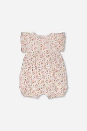 Deux par Deux Baby Girls Cotton Pointelle Romper With Frills Printed White And Pink Flowers