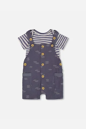 Deux par Deux Baby Boys Printed Cotton Onesie And Muslin Shortall Set Navy Blue Paper Boats