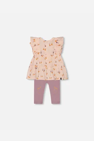 Deux par Deux Baby Girls Printed Muslin Tunic And Organic Cotton Legging Set Peach With Pears And Purple