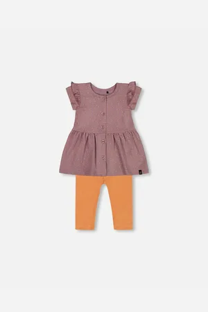 Deux par Deux Baby Girls Printed Organic Cotton Dress And Solid Leggings Set Orange And Purple