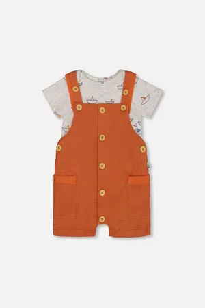 Deux par Deux Baby Boys Printed Organic Cotton Onesie And Muslin Shortall Set Terracotta And Small Boats