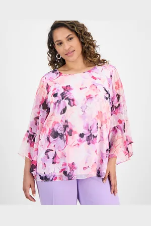 Kasper Plus Size Printed Bell-Sleeve Blouse