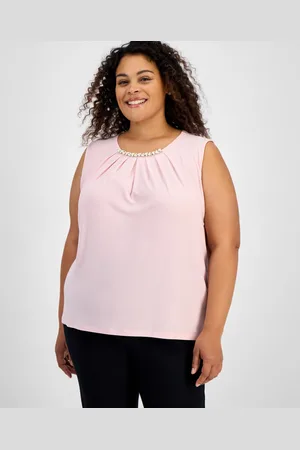 Kasper Plus Size Sleeveless Jeweled Pleat-Neck Blouse