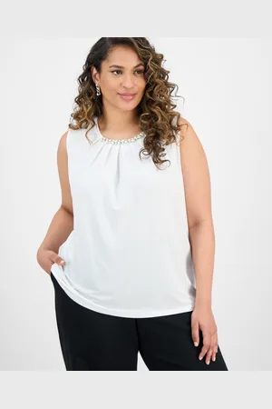 Kasper Plus Size Sleeveless Jeweled Pleat-Neck Blouse