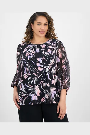 Kasper Plus Size Printed Sheer-Sleeve Blouse