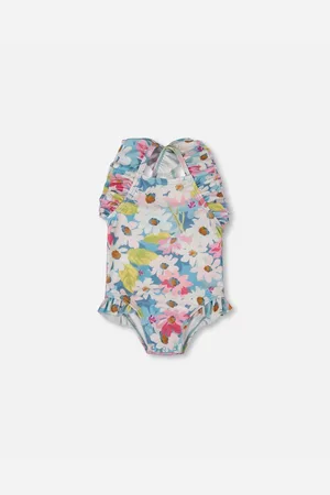Deux par Deux Baby Girls Printed One-Piece Swimsuit With Frills White, Pink, And Green Flowers - White, pink, and green flowers