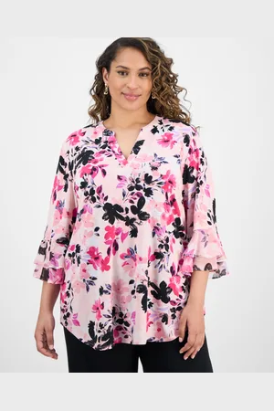 Kasper Plus Size Printed 3/4-Sleeve Ruffle Blouse