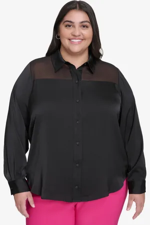 DKNY Plus Size Mixed Media Button Front Blouse
