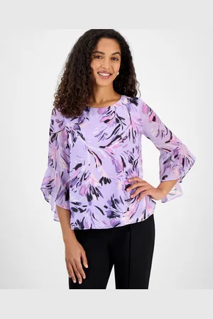 Kasper Printed Ruffle-Sleeve Blouse