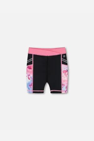 Deux par Deux Girls Printed Athletic Biker Short Black, Pink And Multicolored Butterflies - Black, pink and multicolored