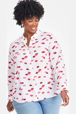 On 34th Trendy Plus Size Lip Party Printed Blouse, Exclusively at Macy