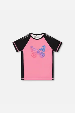 Deux par Deux Girls Printed Short Sleeve Athletic Top Pink With Butterflies