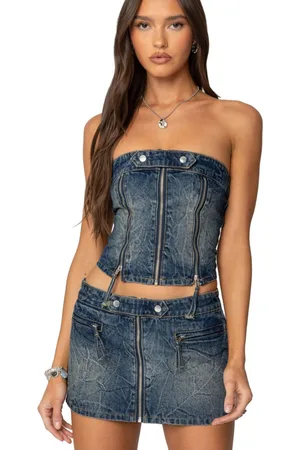 Edikted Womens Guinevere Zip Washed Denim Corset