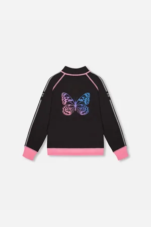 Deux par Deux Girls Printed Reversible Full Zip Athletic Cardigan Pink, Blue And Butterflies - Pink, blue and butterflies