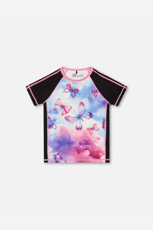 Deux par Deux Girls Printed Short Sleeve Athletic Top Pink, Black And Butterfly - Pink, black and butterfly