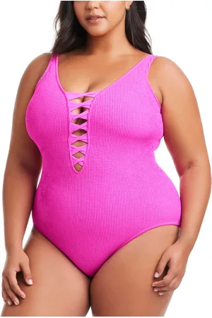 Bleu By Rod Beattie Plus Size Pucker Up Lace-Down Over-The-Shoulder Swimsuit