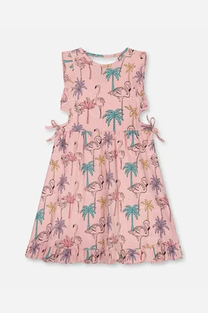 Deux par Deux Big Girls Printed Organic Cotton Dress With Cut Outs Palm Trees, Pink Flamingo, And Turquoise - Palm trees, pink flamingo, and