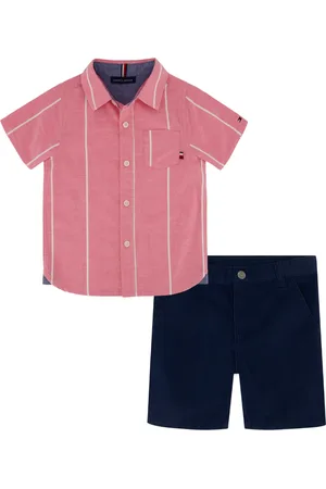 Tommy Hilfiger Toddler Boys 2-Piece Short Sleeve Jacquard Denim Shirt and Twill Shorts Set - Pink, Navy blazer