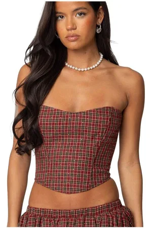 Edikted Womens Marlene Plaid Lace Up Corset