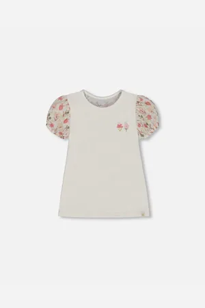 Deux par Deux Big Girls Bi-Material Organic Cotton Top With Puff Sleeve