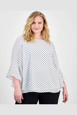 Kasper Plus Size Polka-Dot Ruffle-Sleeve Blouse - White/black