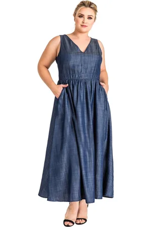 Standards & Practices Plus Size V-Neck A-Line Tencel Denim Maxi Dress