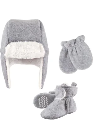 Hudson Baby Boys Hudson Unisex Trapper Hat, Mitten and Bootie Set, Gray, Months