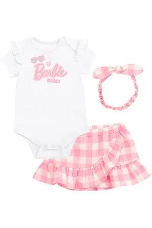 Barbie Baby Girls Bodysuit Ruffle Skirt and Bow Headband 3 Piece Outfit Set Newborn to Toddler - Pink / white