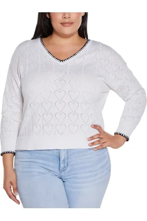 Belldini Plus Size Heart Pointelle Pullover Sweater - White/Black